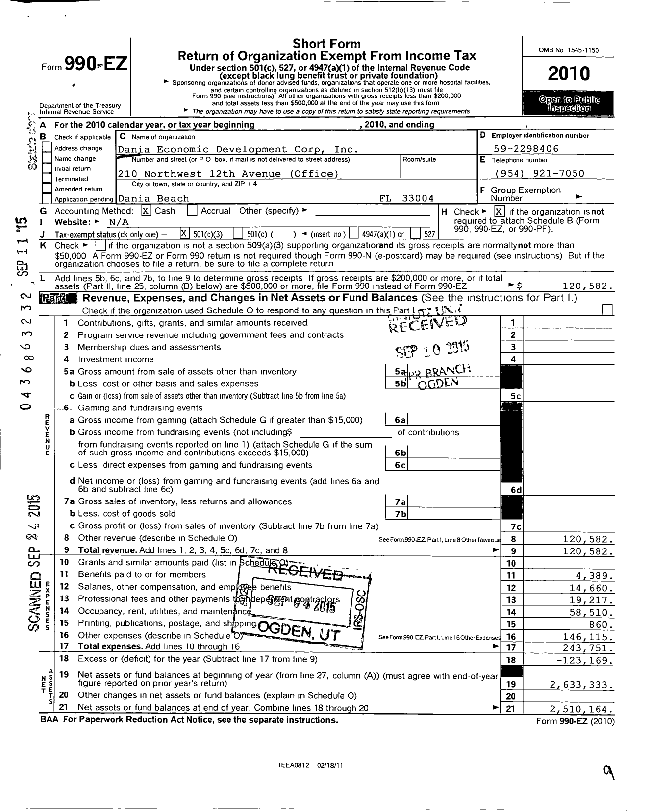 Image of first page of 2010 Form 990EZ for Dania Economic Development Corporation