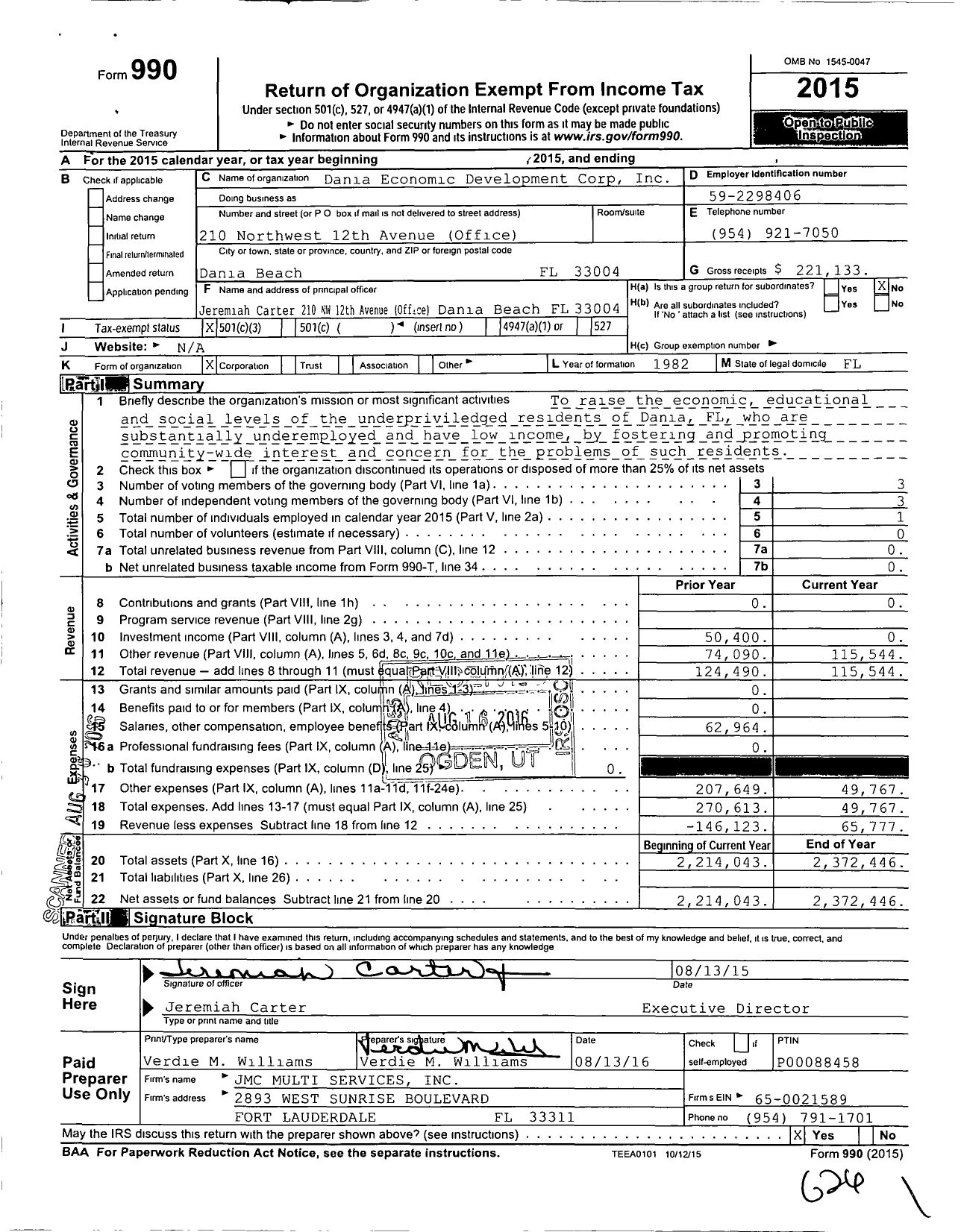 Image of first page of 2015 Form 990 for Dania Economic Development Corporation