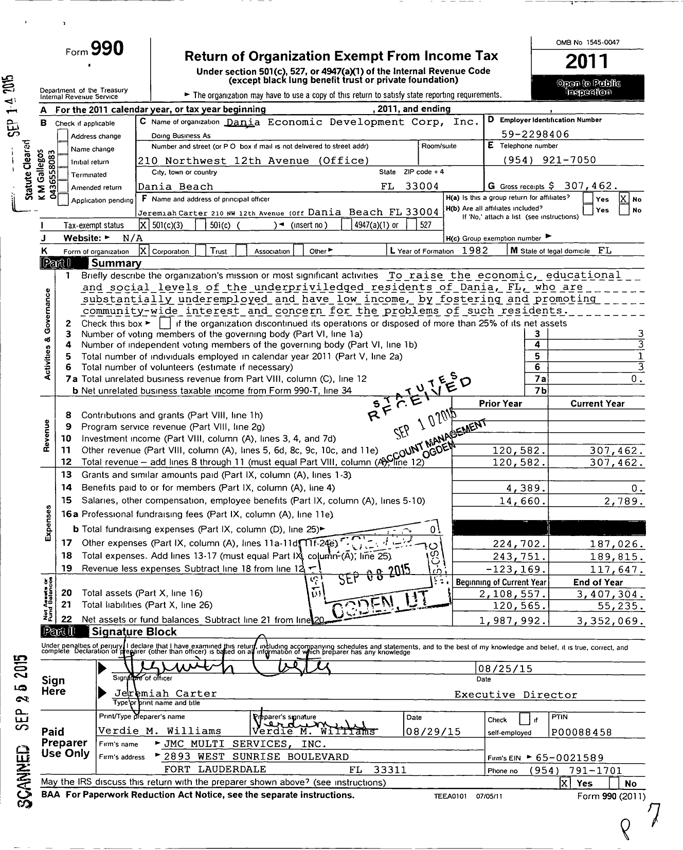 Image of first page of 2011 Form 990 for Dania Economic Development Corporation