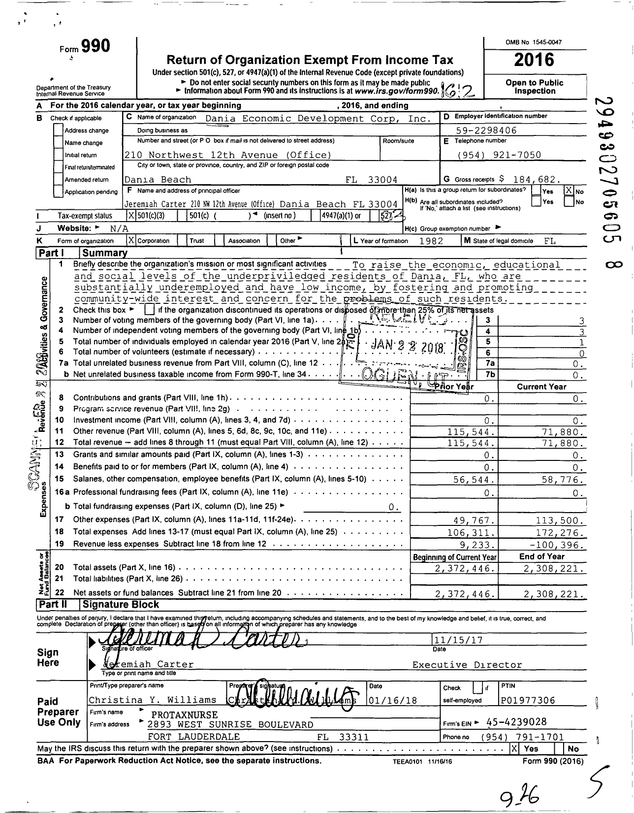 Image of first page of 2016 Form 990 for Dania Economic Development Corporation