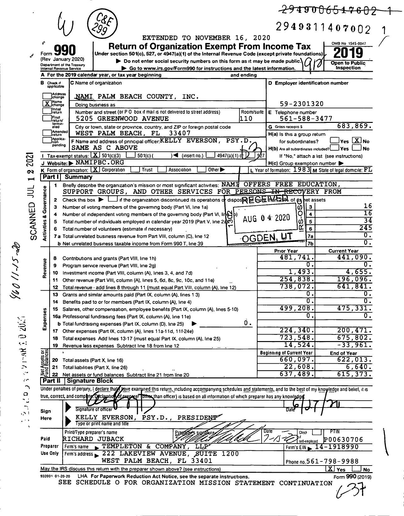 Image of first page of 2019 Form 990 for Nami Palm Beach County