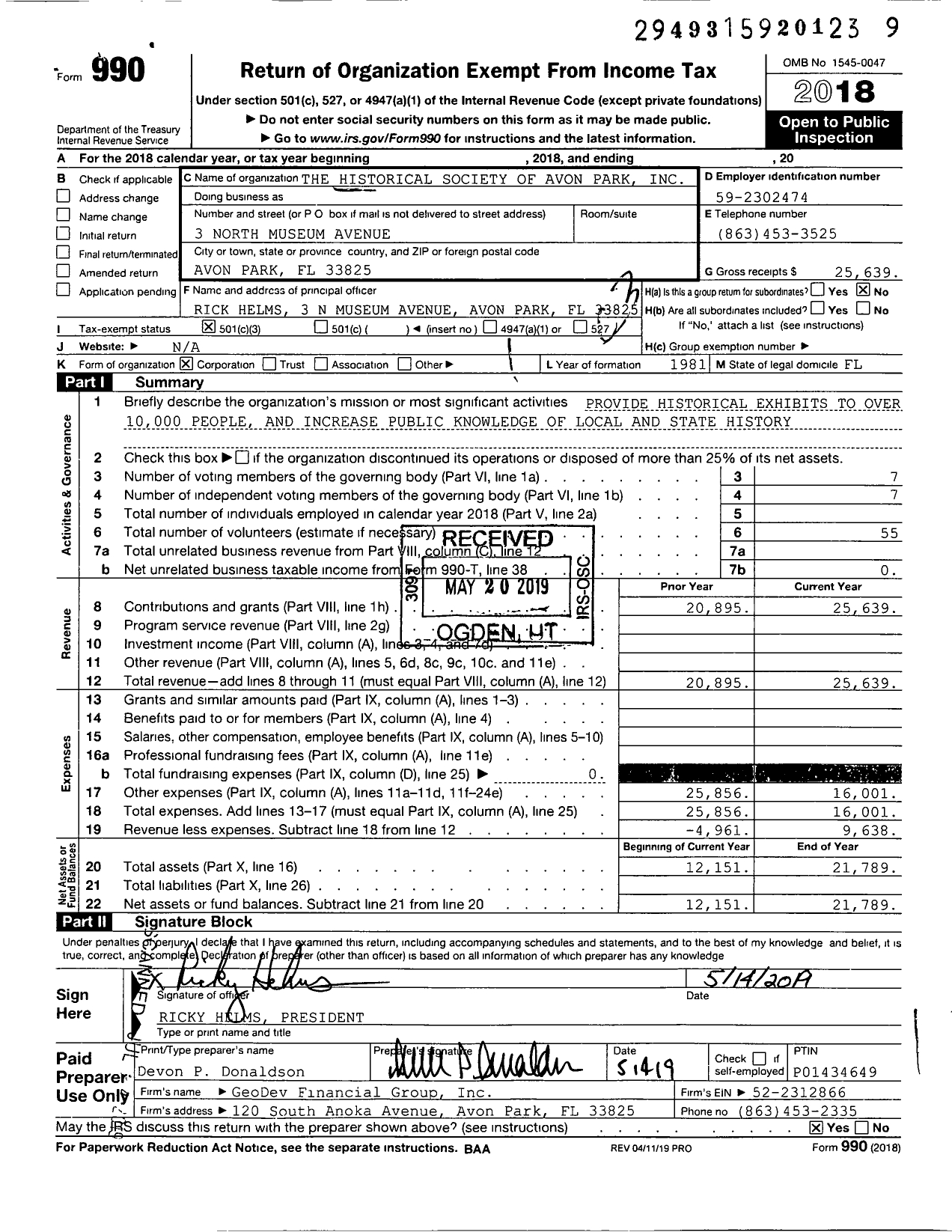 Image of first page of 2018 Form 990 for The Historical Society of Avon Park