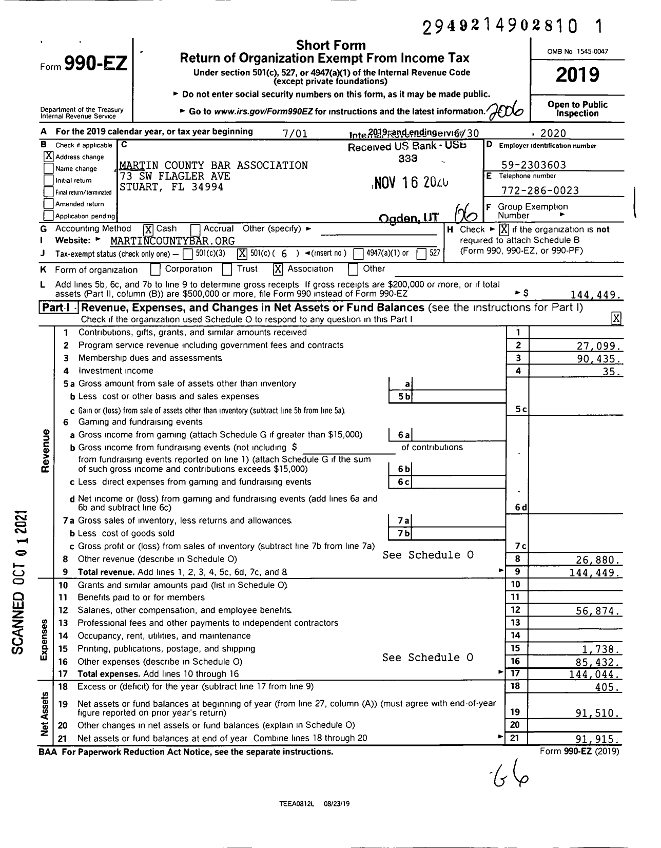 Image of first page of 2019 Form 990EO for Martin County Bar Association