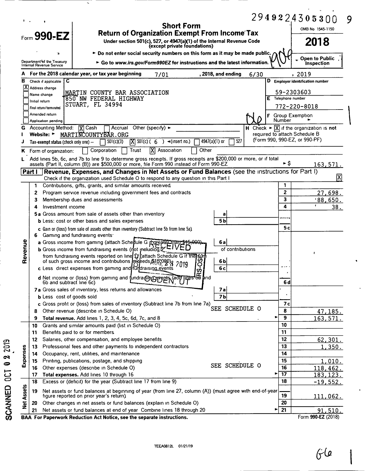 Image of first page of 2018 Form 990EO for Martin County Bar Association