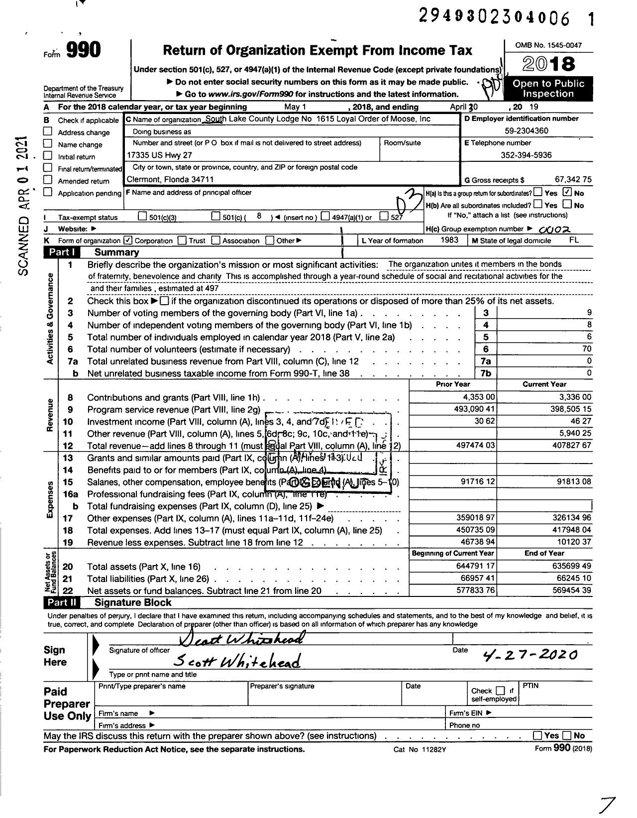 Image of first page of 2018 Form 990 for Loyal Order of Moose - 1615