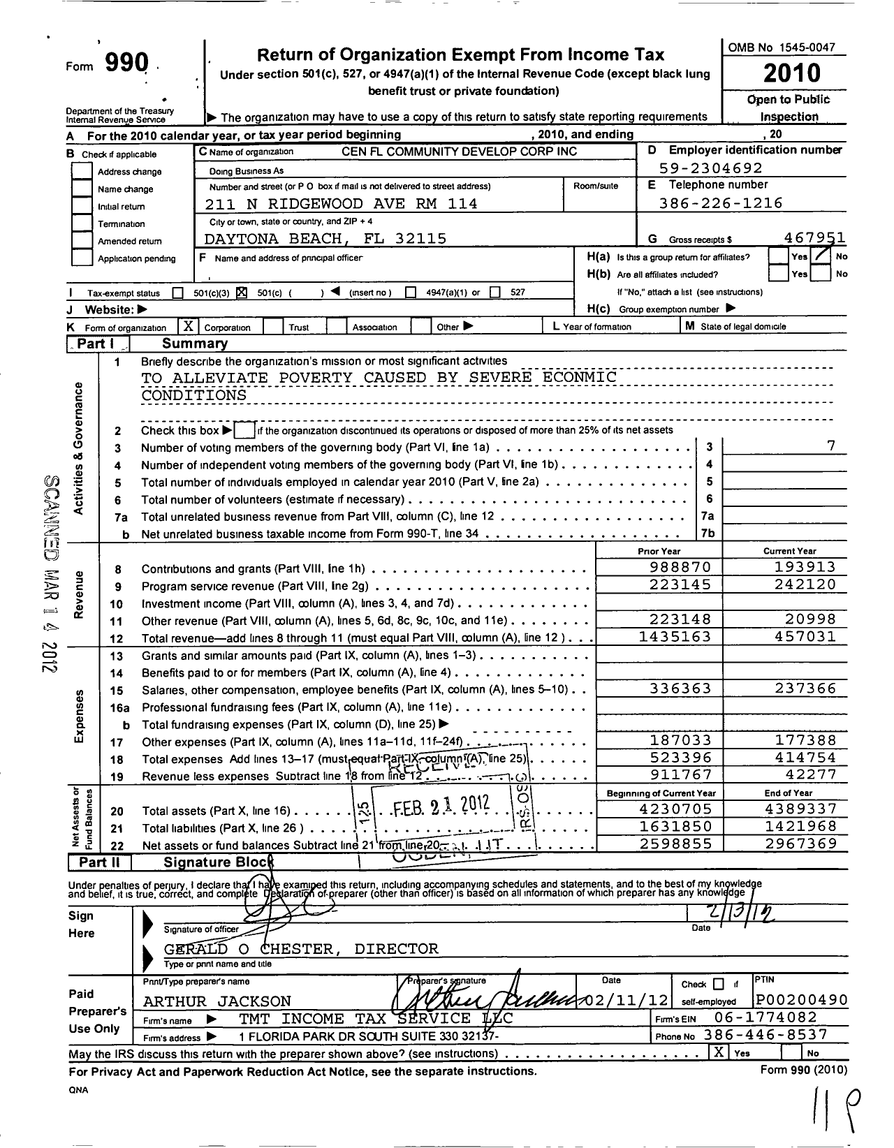 Image of first page of 2010 Form 990O for Central Florida Community Development Corporation