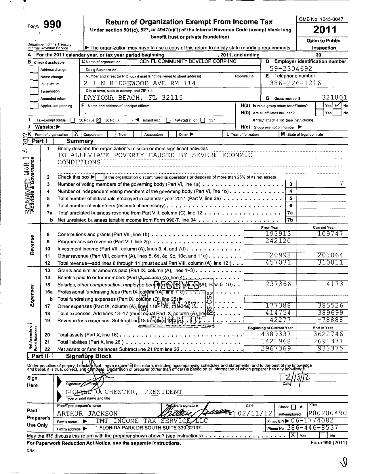 Image of first page of 2011 Form 990O for Central Florida Community Development Corporation