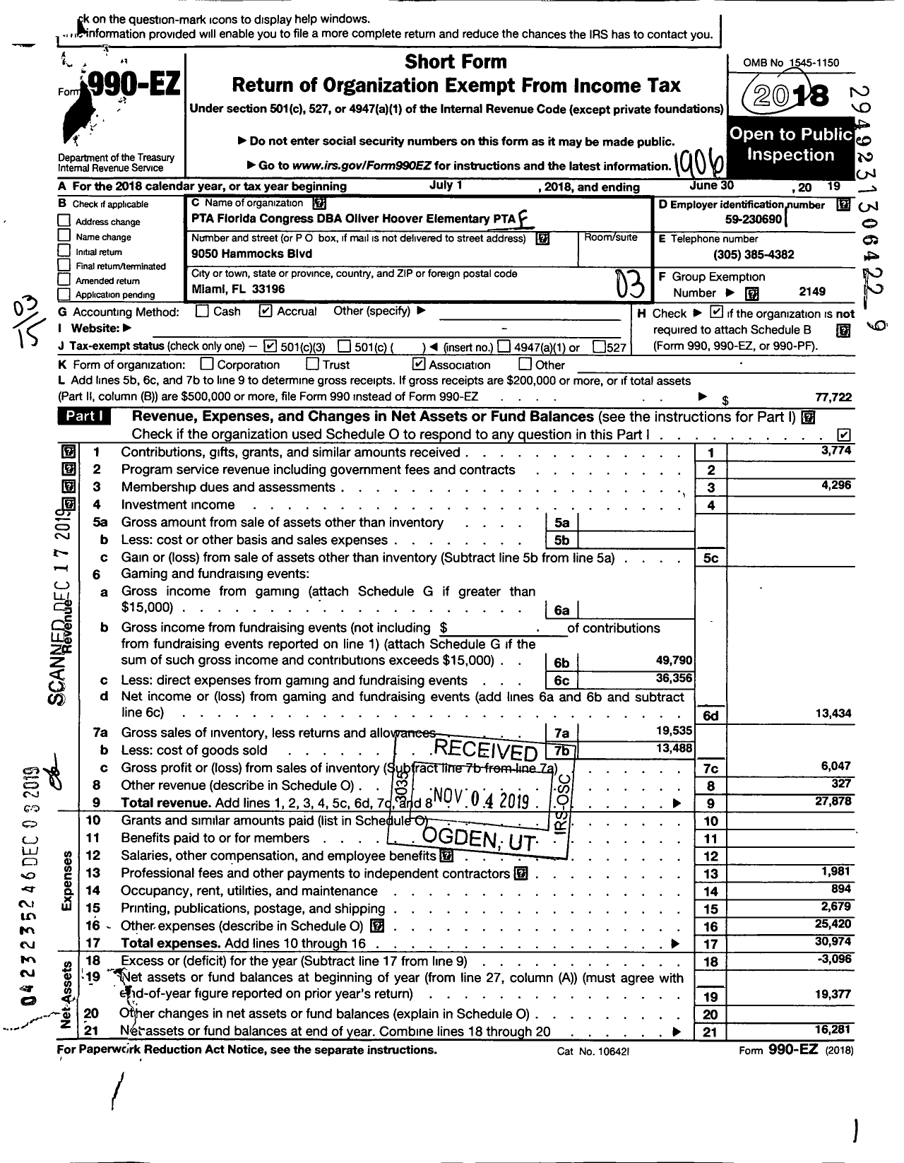 Image of first page of 2018 Form 990EZ for PTA Florida Congress - Oliver Hoover Elementary PTA