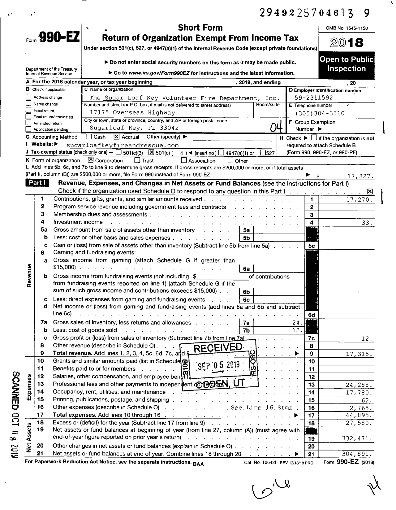 Image of first page of 2018 Form 990EO for Sugar Loaf Key Volunteer Fire Department