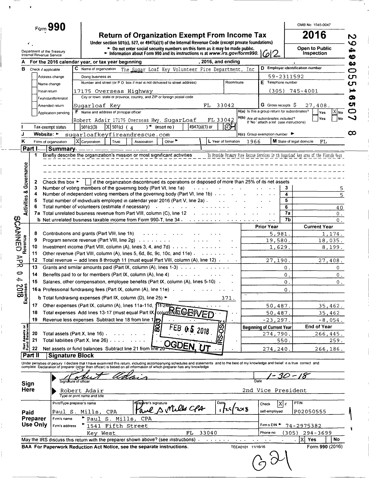 Image of first page of 2016 Form 990O for Sugar Loaf Key Volunteer Fire Department