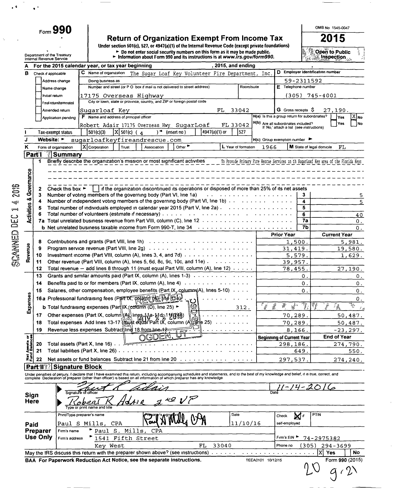 Image of first page of 2015 Form 990O for Sugar Loaf Key Volunteer Fire Department