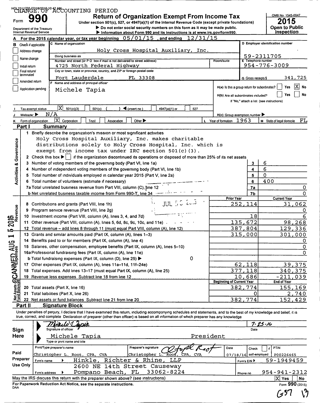 Image of first page of 2015 Form 990 for Holy Cross Hospital Auxiliary