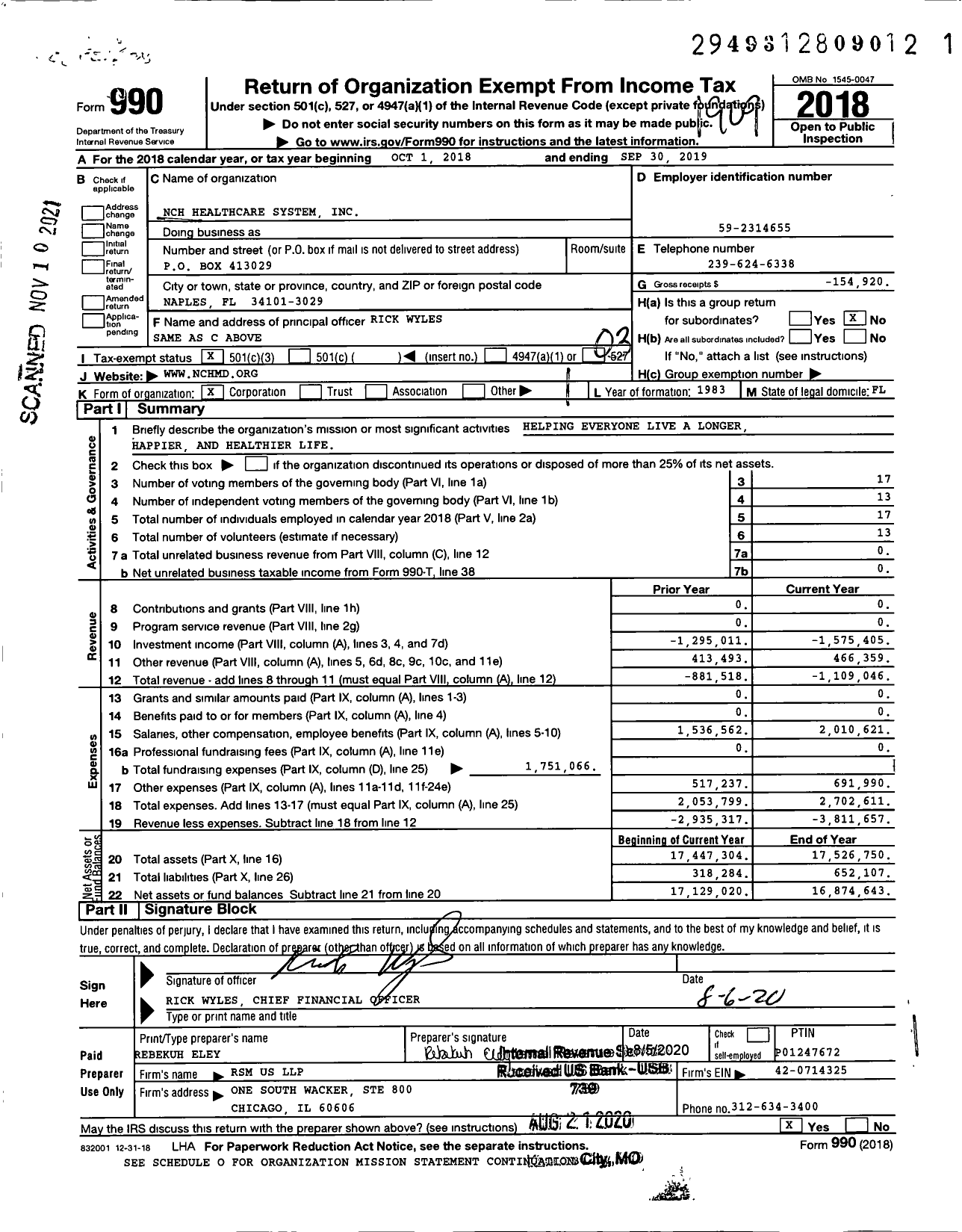 Image of first page of 2018 Form 990 for NCH Healthcare System