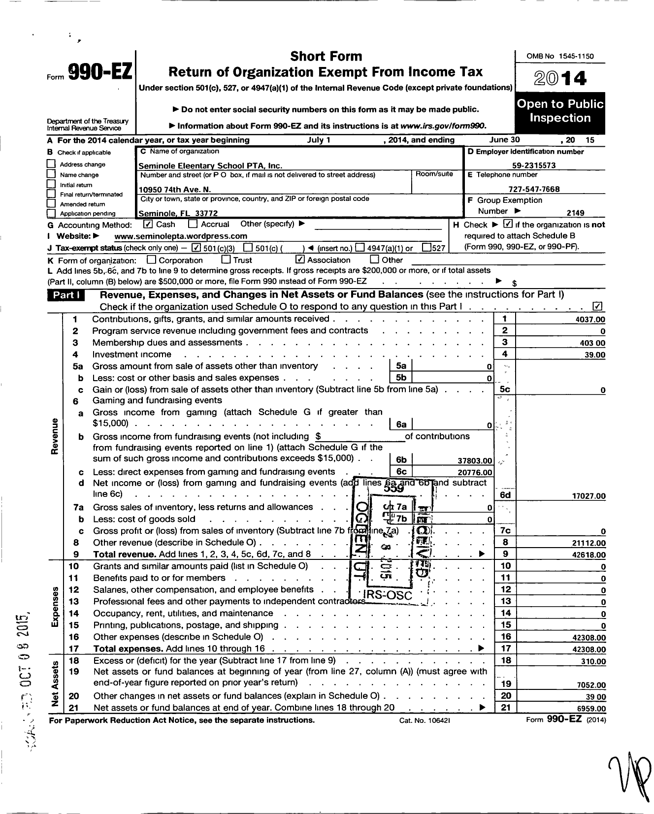 Image of first page of 2014 Form 990EZ for PTA Florida Congress - Seminole Elementary School PTA