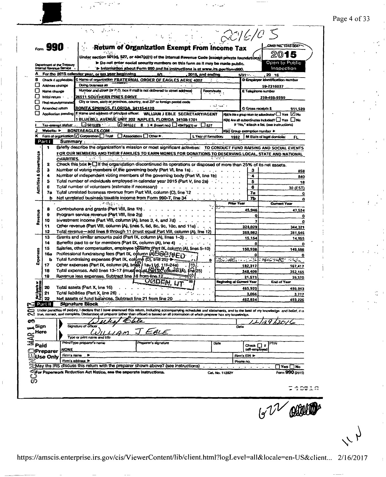 Image of first page of 2015 Form 990O for Fraternal Order of Eagles Aerie 4002