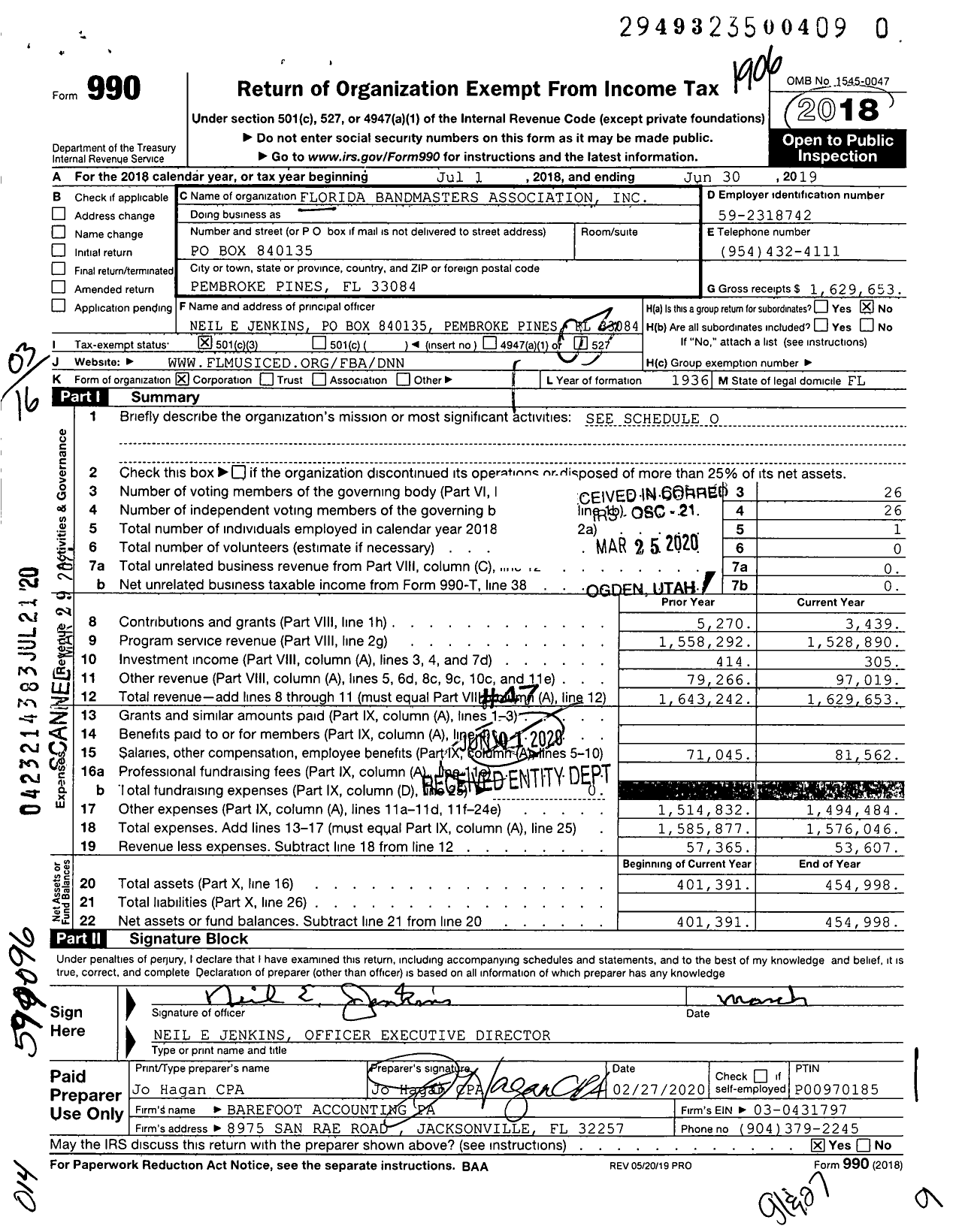 Image of first page of 2018 Form 990 for Florida Bandmasters Association