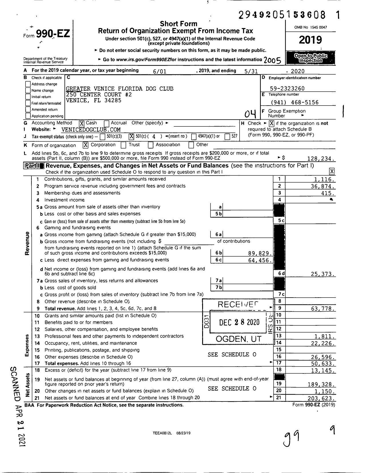 Image of first page of 2019 Form 990EO for Greater Venice Florida Dog Club