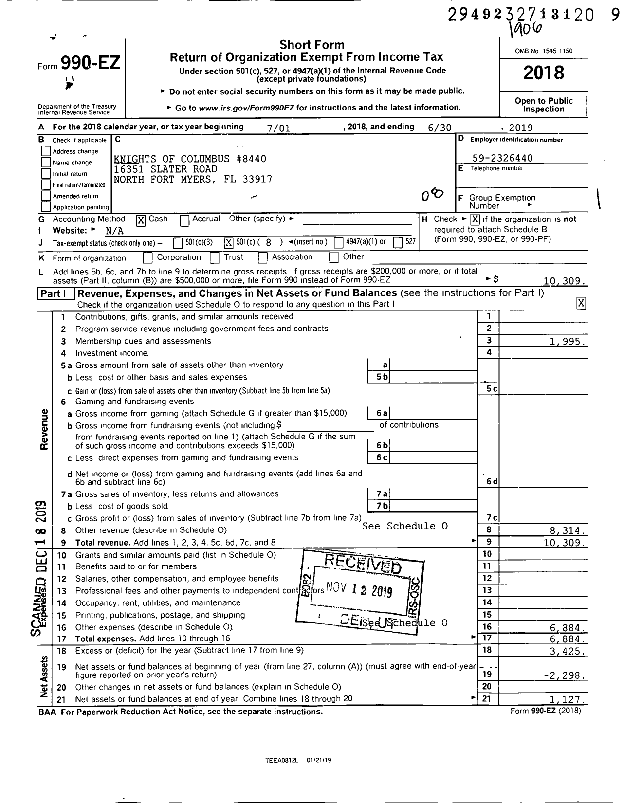 Image of first page of 2018 Form 990EO for Knights of Columbus - 8440 All Saints Council