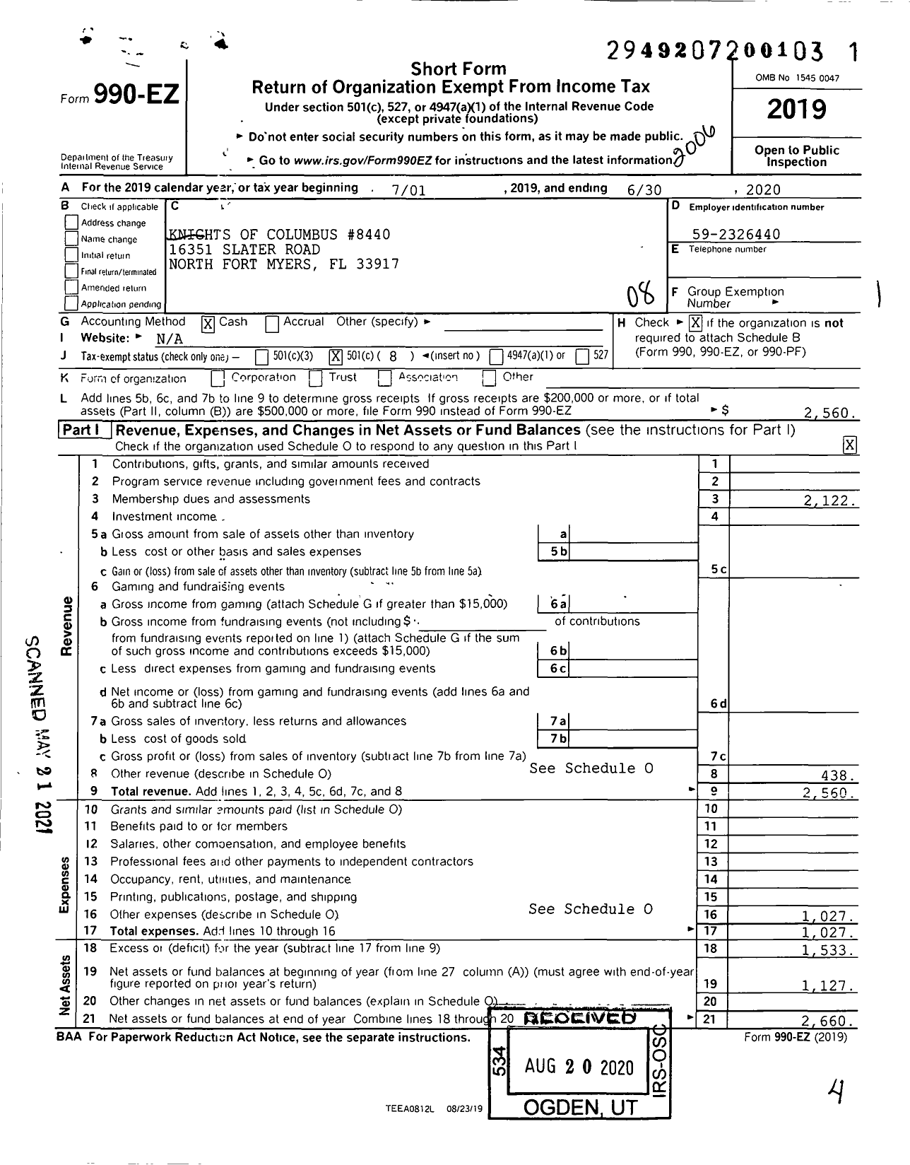 Image of first page of 2019 Form 990EO for Knights of Columbus - 8440 All Saints Council