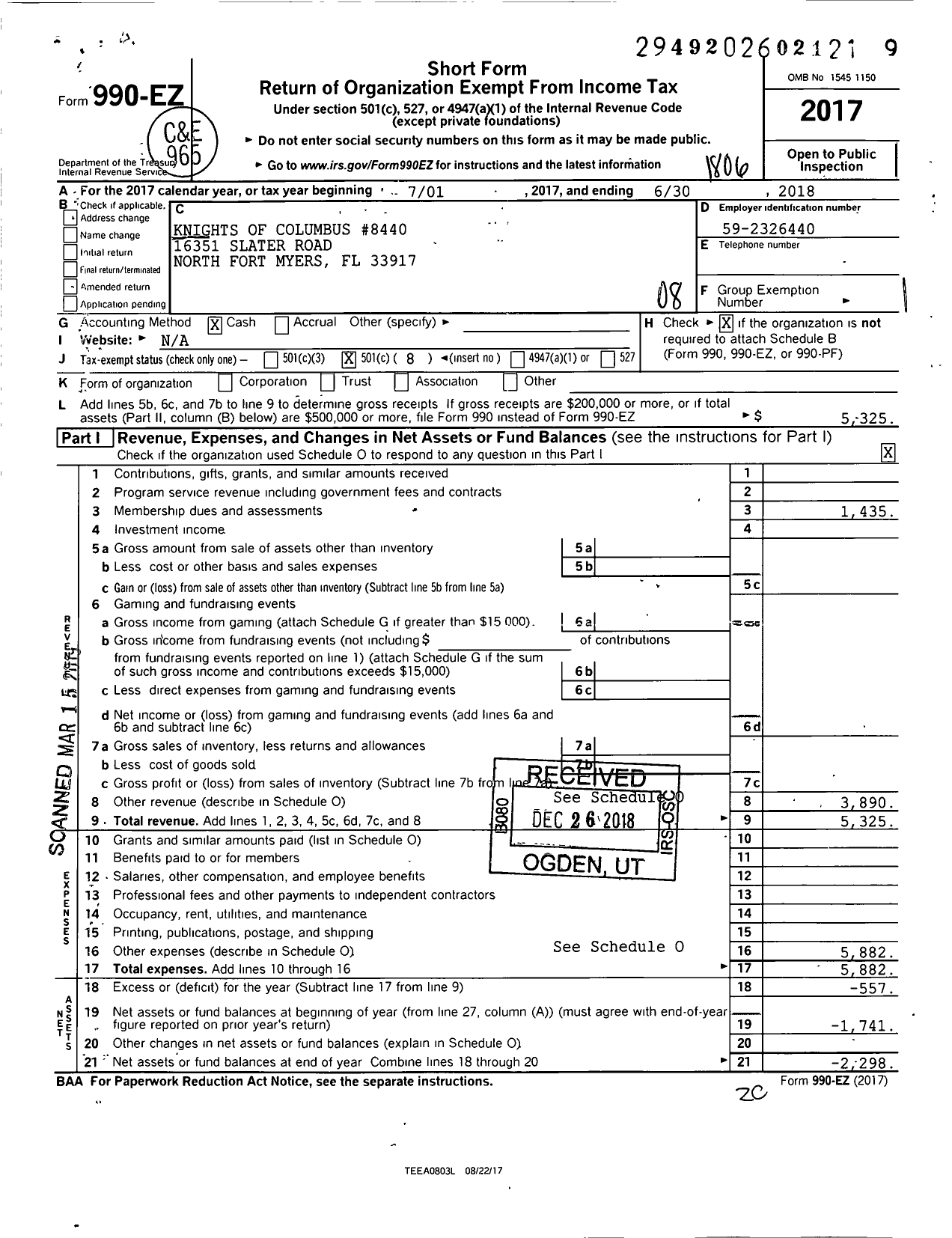 Image of first page of 2017 Form 990EO for Knights of Columbus - 8440 All Saints Council