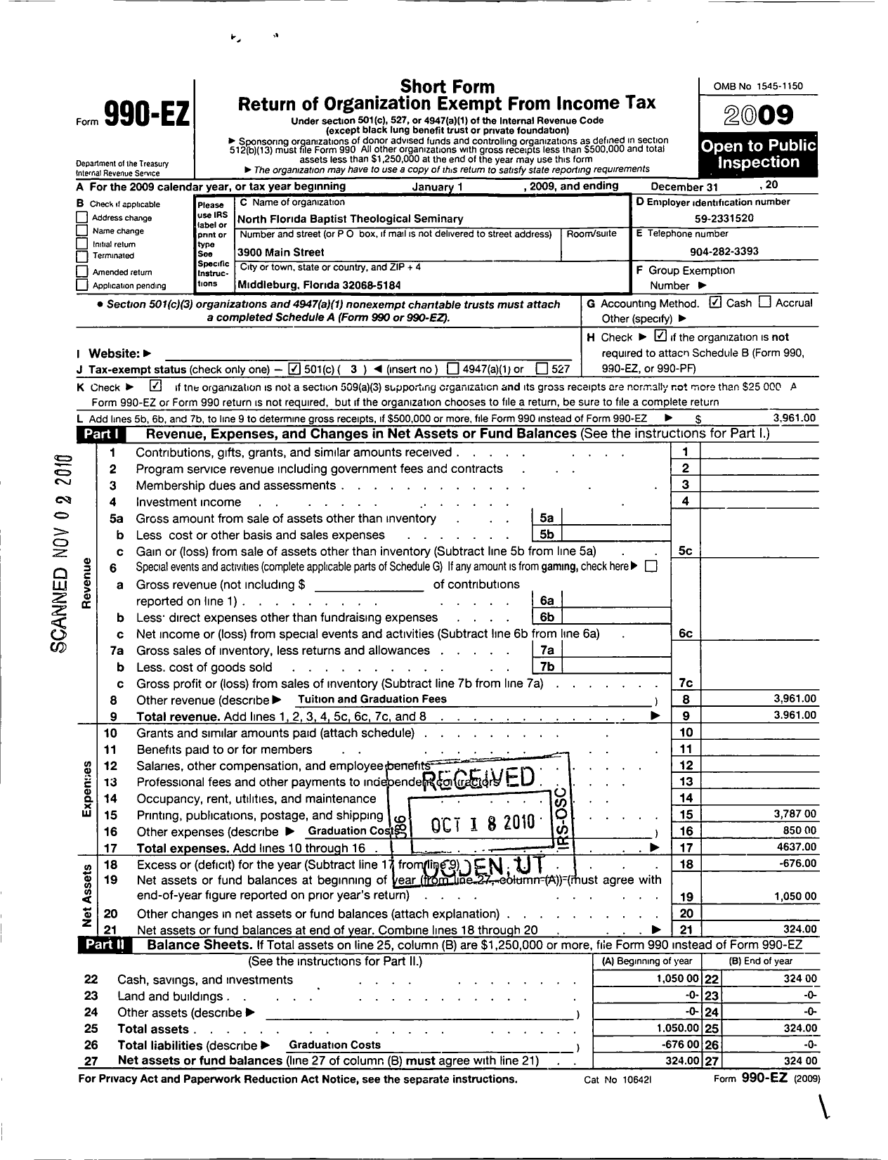 Image of first page of 2009 Form 990EZ for North Florida Baptist Theological Seminary