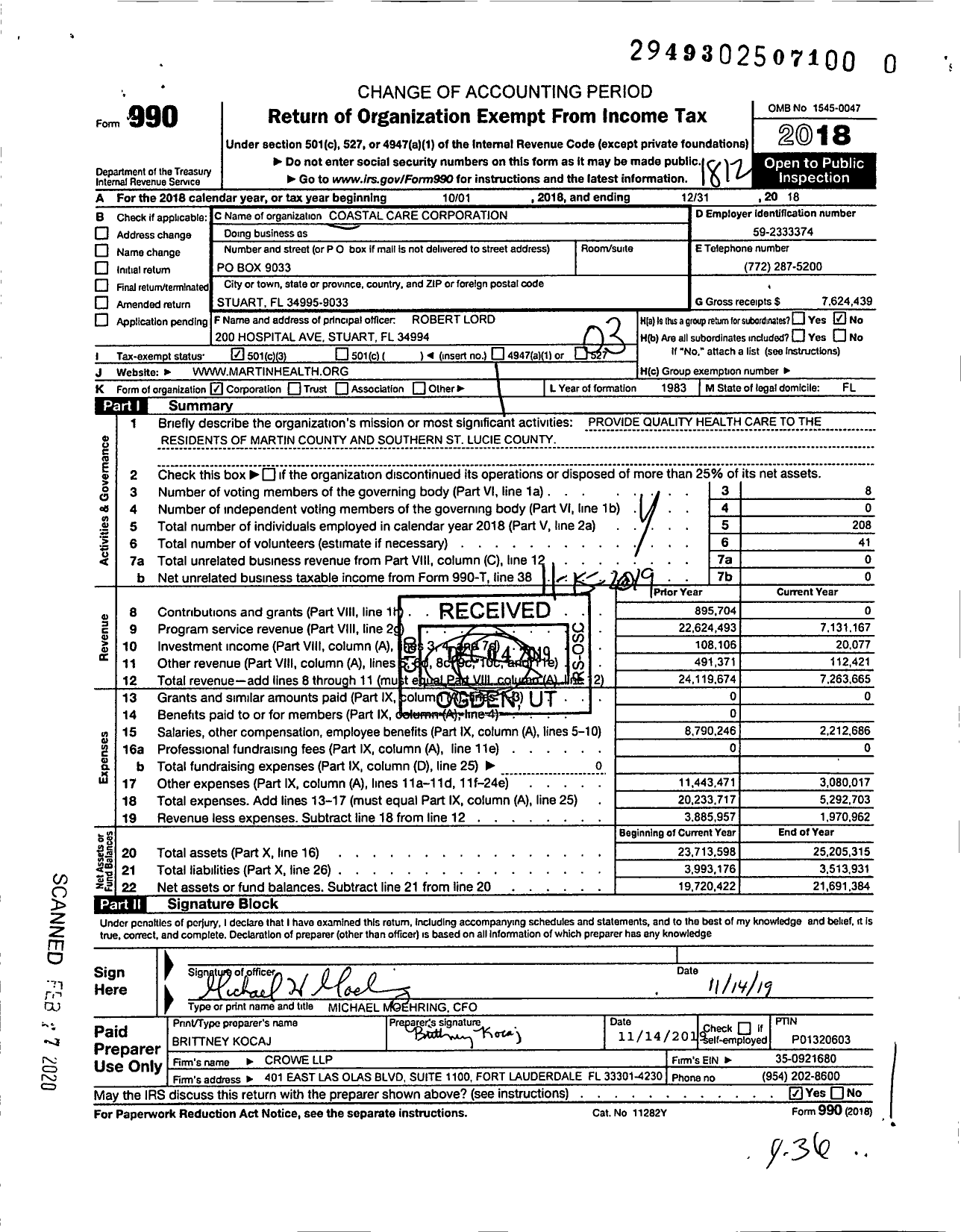 Image of first page of 2018 Form 990 for Coastal Care Corporation