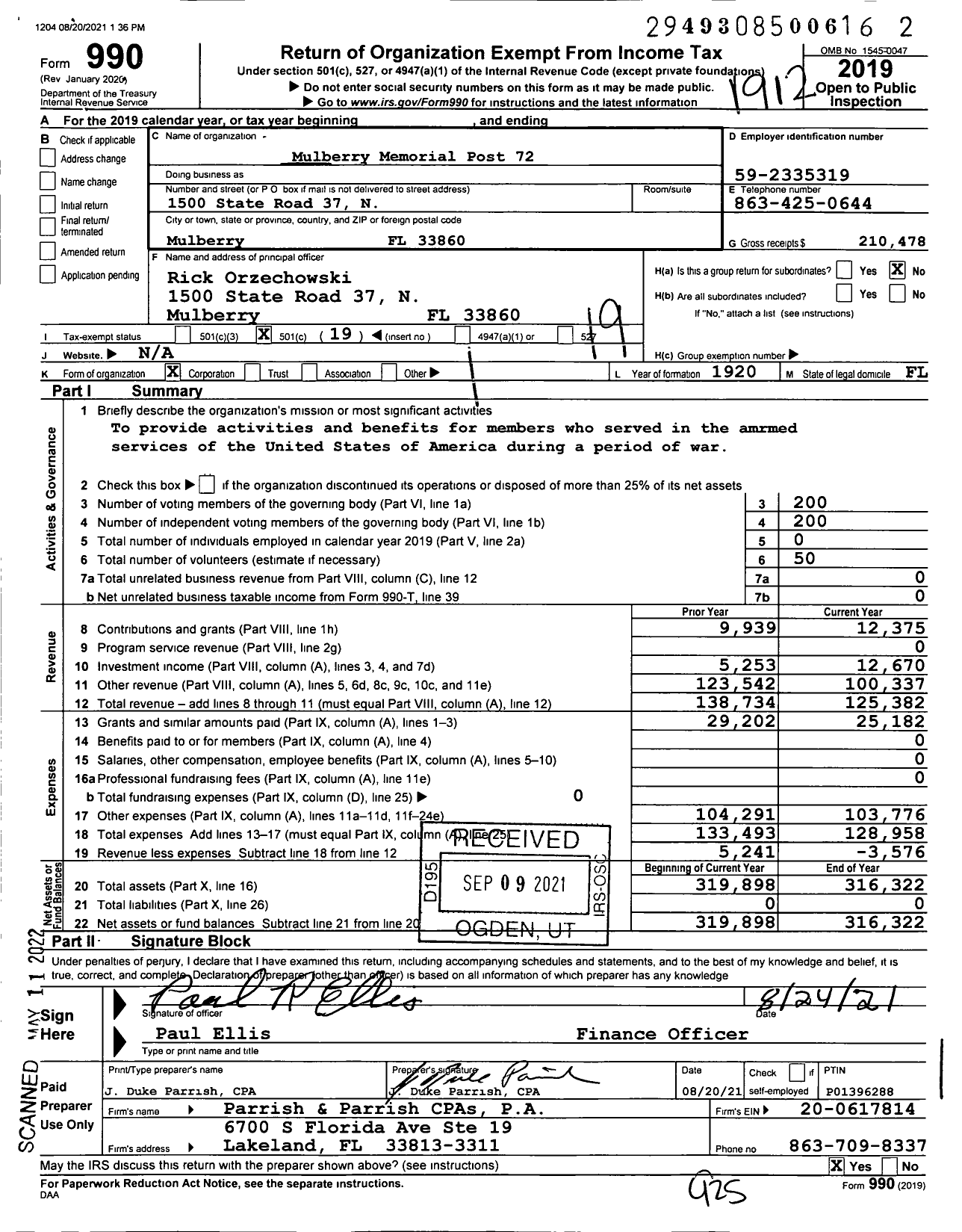 Image of first page of 2019 Form 990O for American Legion - 72 Mulberry Memorial FL Post