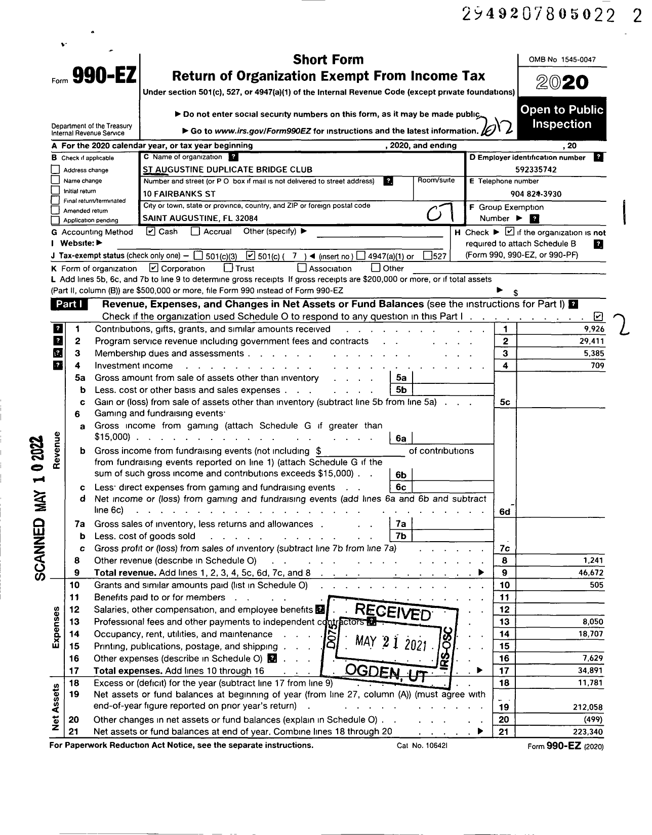 Image of first page of 2020 Form 990EO for St Augustine Duplicate Bridge Club