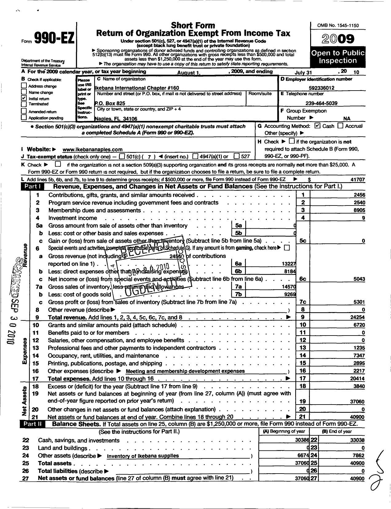 Image of first page of 2009 Form 990EO for Ikebana International Naples Chapter 160