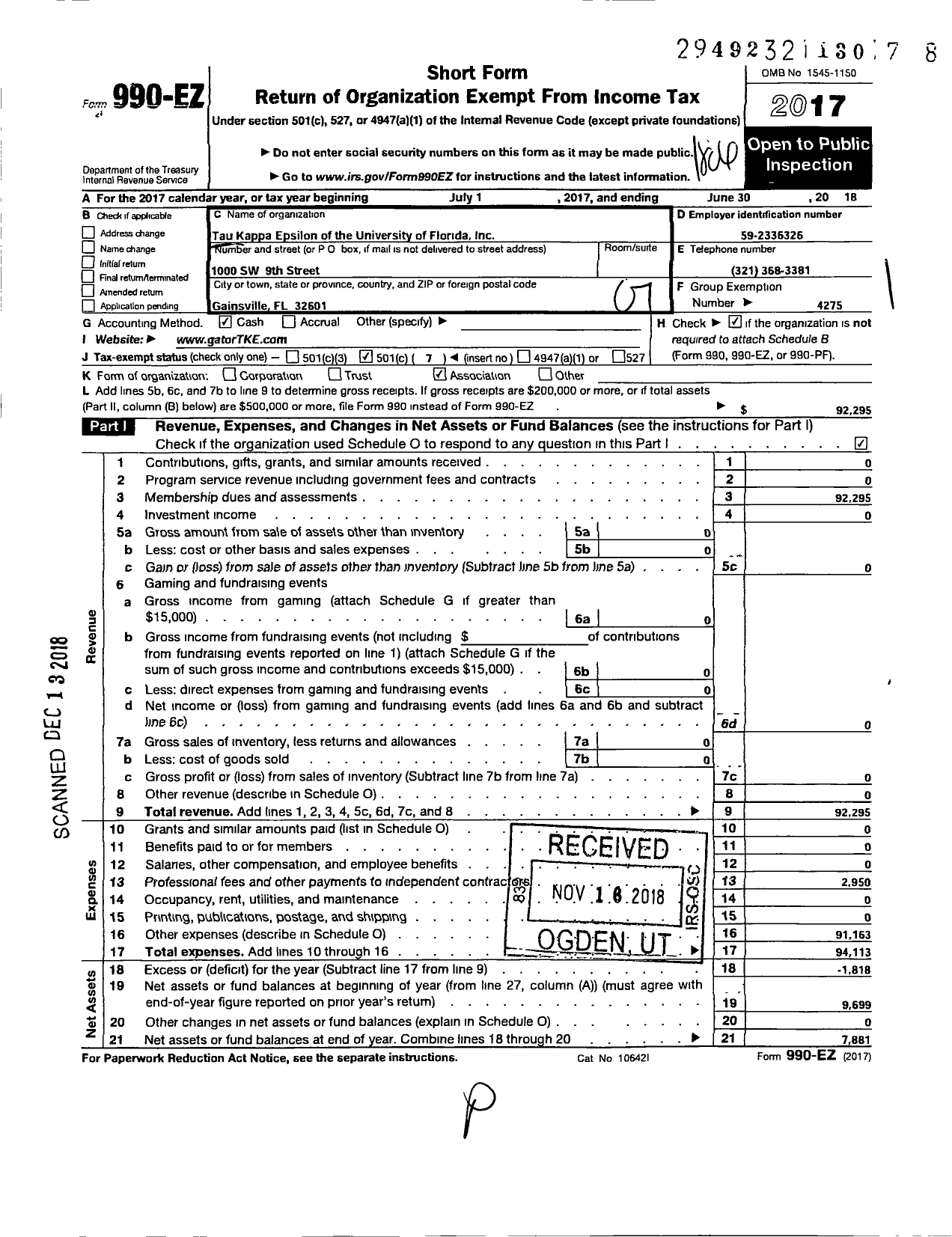 Image of first page of 2017 Form 990EO for Tau Kappa Epsilon Fraternity - 180 Gamma Theta Chapter