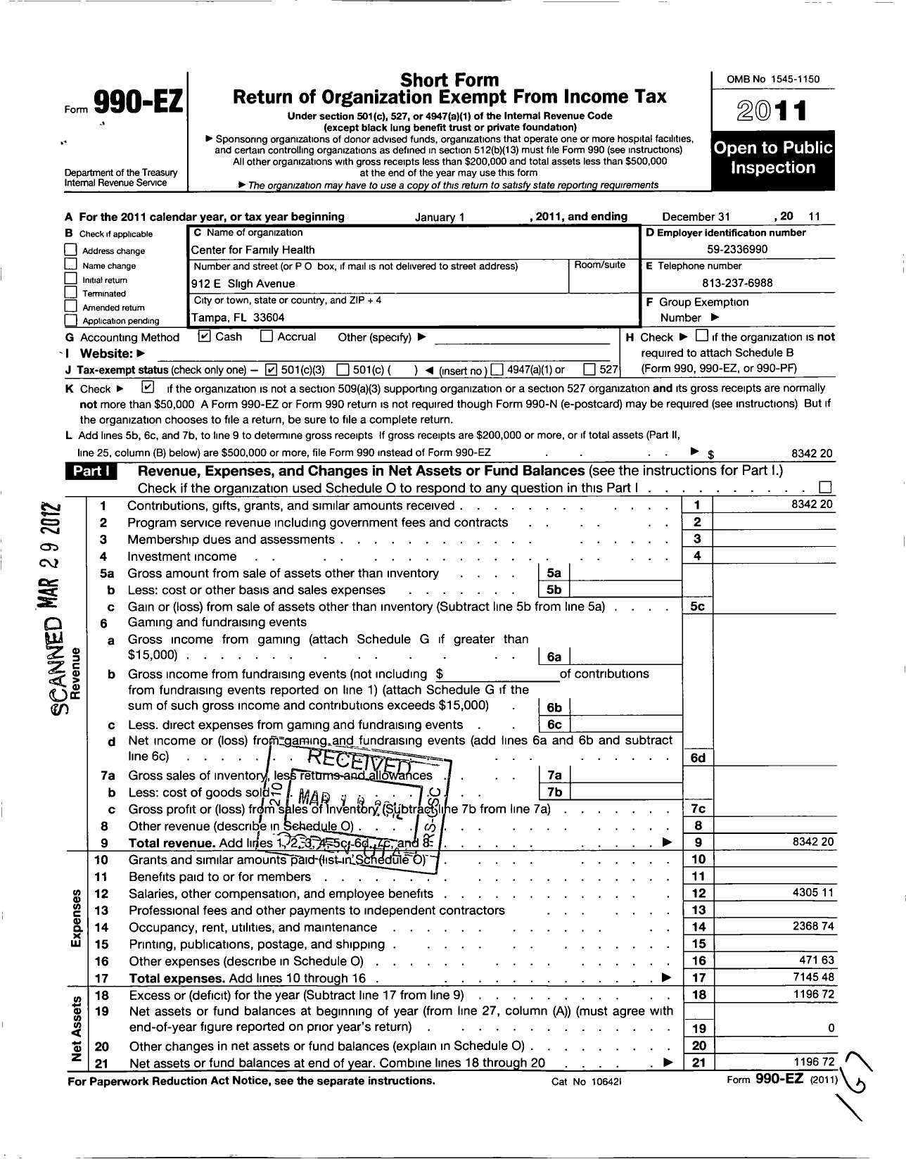 Image of first page of 2011 Form 990EZ for Center for Family Health