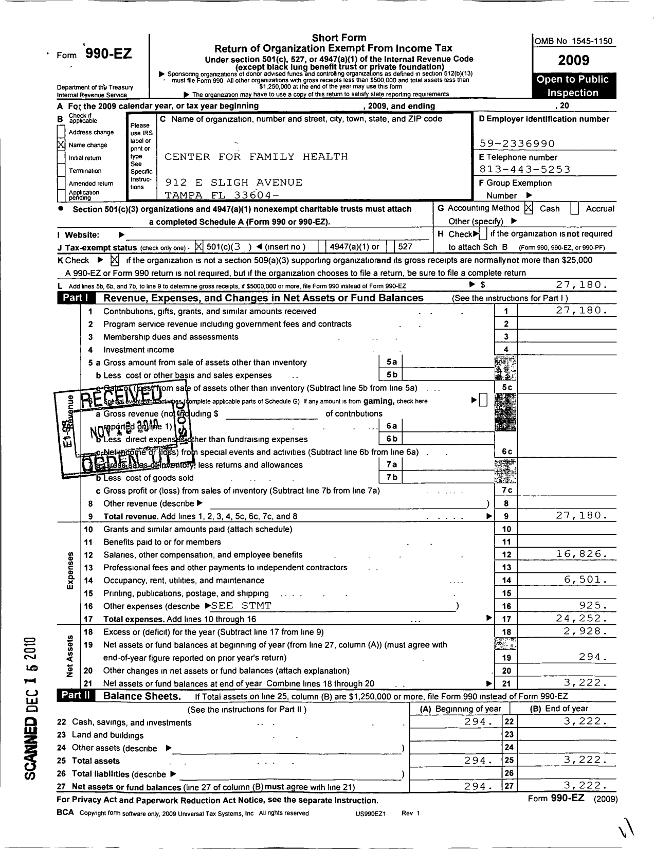 Image of first page of 2009 Form 990EZ for Center for Family Health