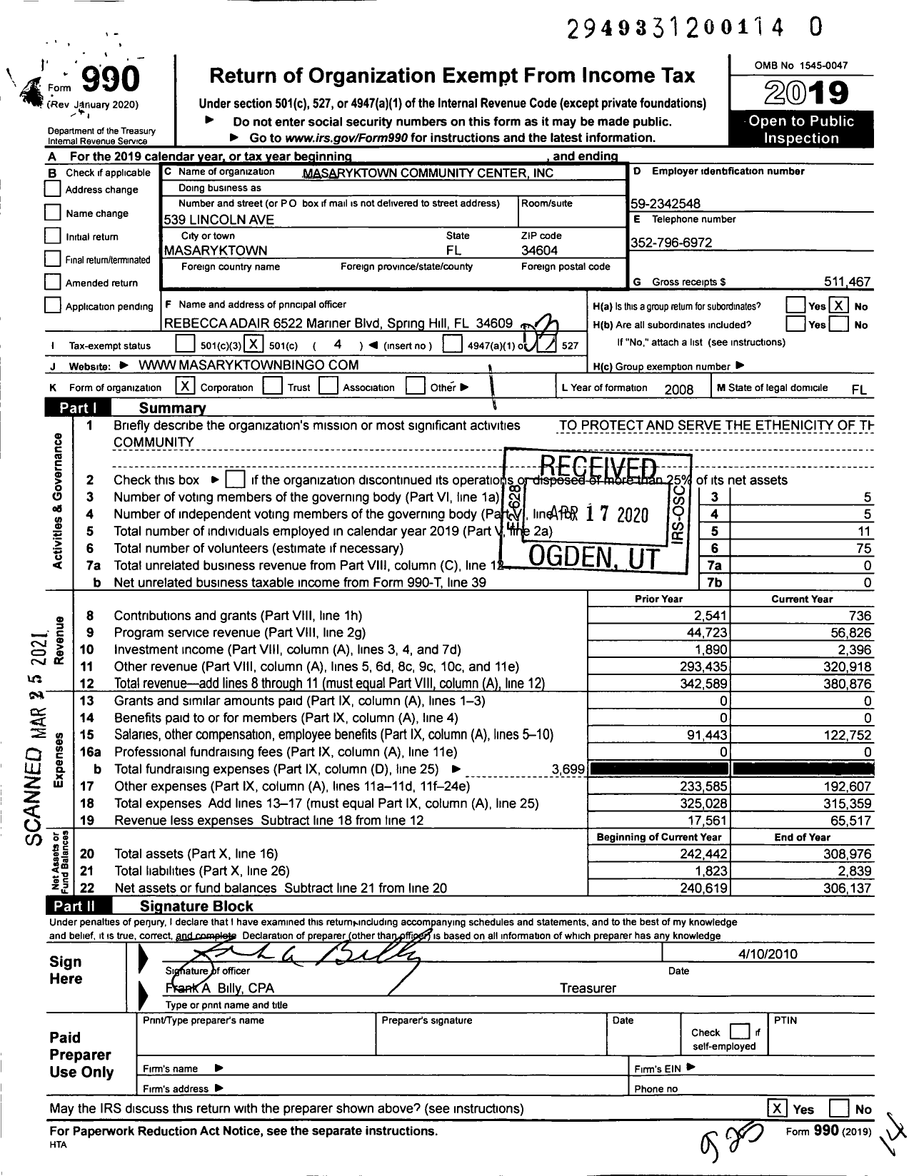 Image of first page of 2019 Form 990 for Masaryktown Community Center