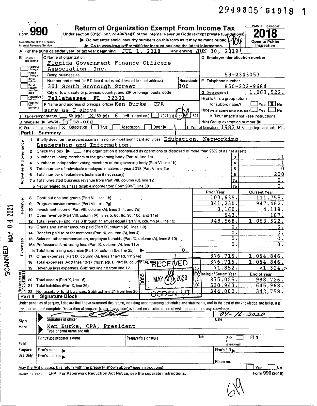 Image of first page of 2018 Form 990O for Florida Government Finance Officers Association