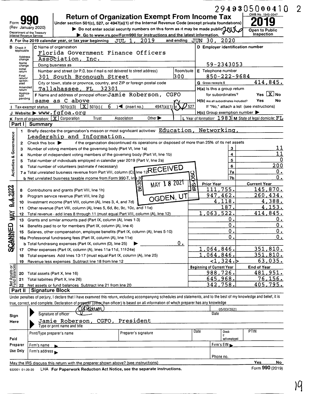 Image of first page of 2019 Form 990O for Florida Government Finance Officers Association