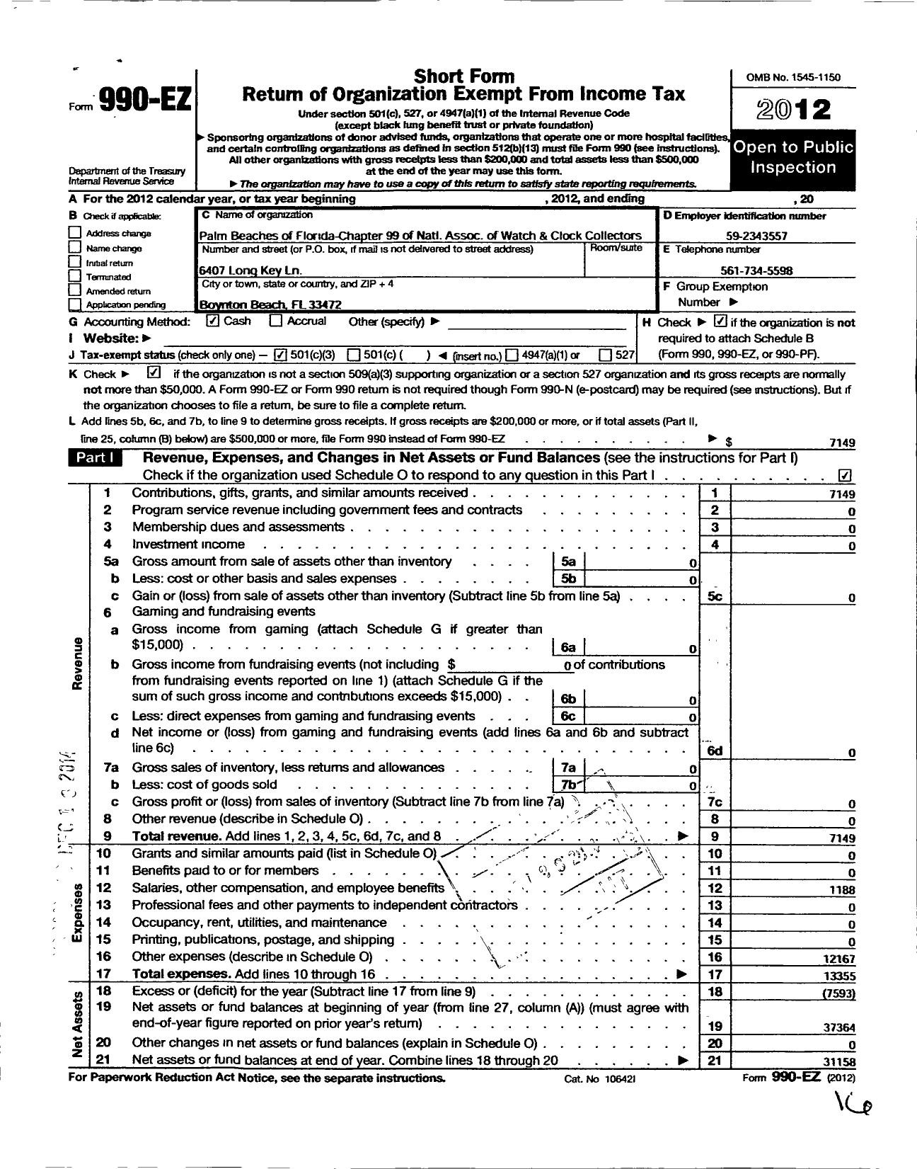 Image of first page of 2012 Form 990EZ for Palm Beaches of FL Chapter 99 of National Association of Watch and Clock Coll