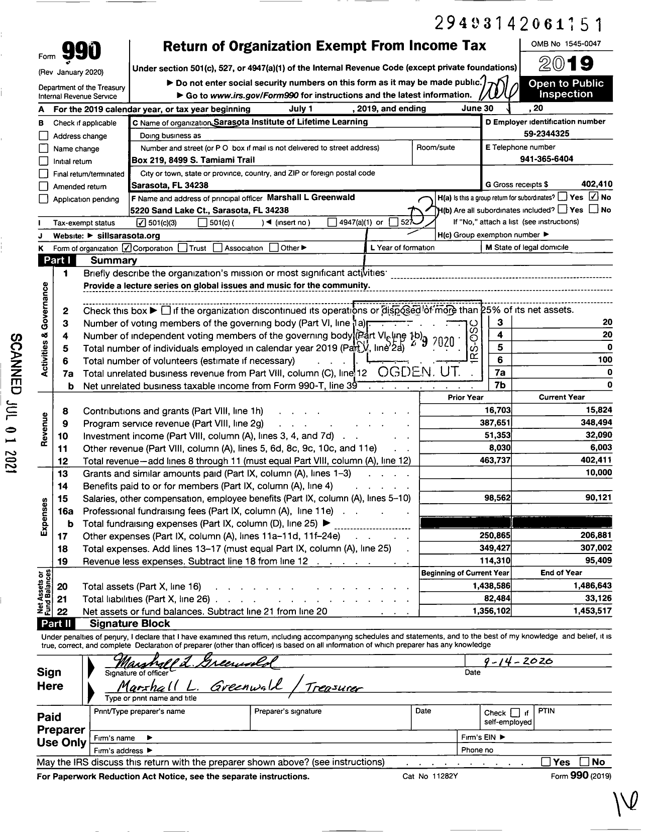 Image of first page of 2019 Form 990 for Sarasota Institute of Lifetime Learning
