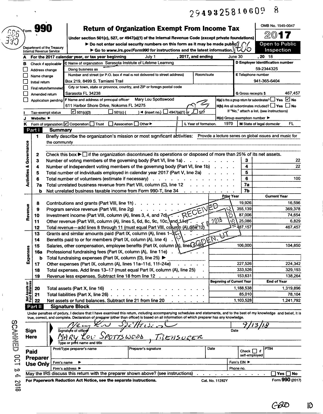 Image of first page of 2017 Form 990 for Sarasota Institute of Lifetime Learning