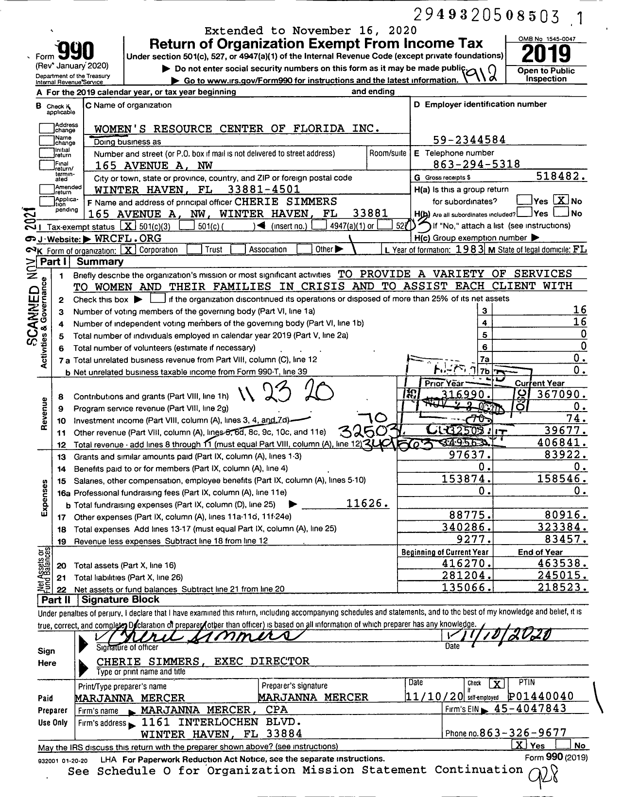 Image of first page of 2019 Form 990 for Women's Resource Center of Florida