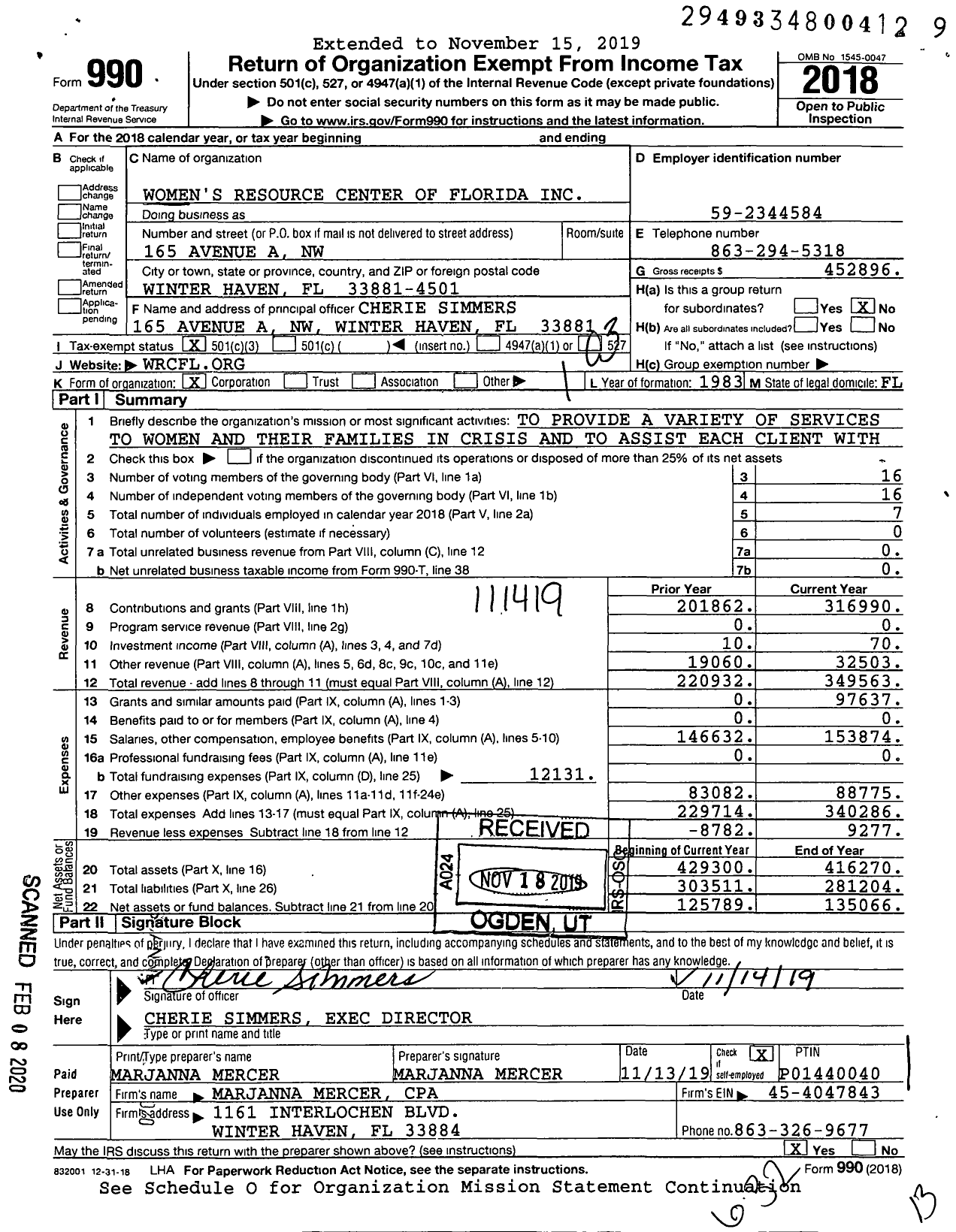 Image of first page of 2018 Form 990 for Women's Resource Center of Florida