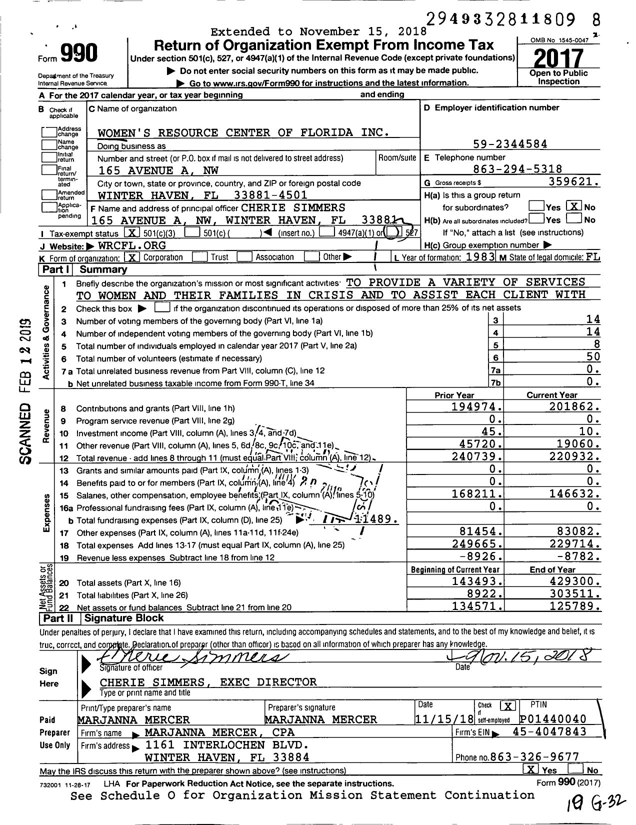 Image of first page of 2017 Form 990 for Women's Resource Center of Florida