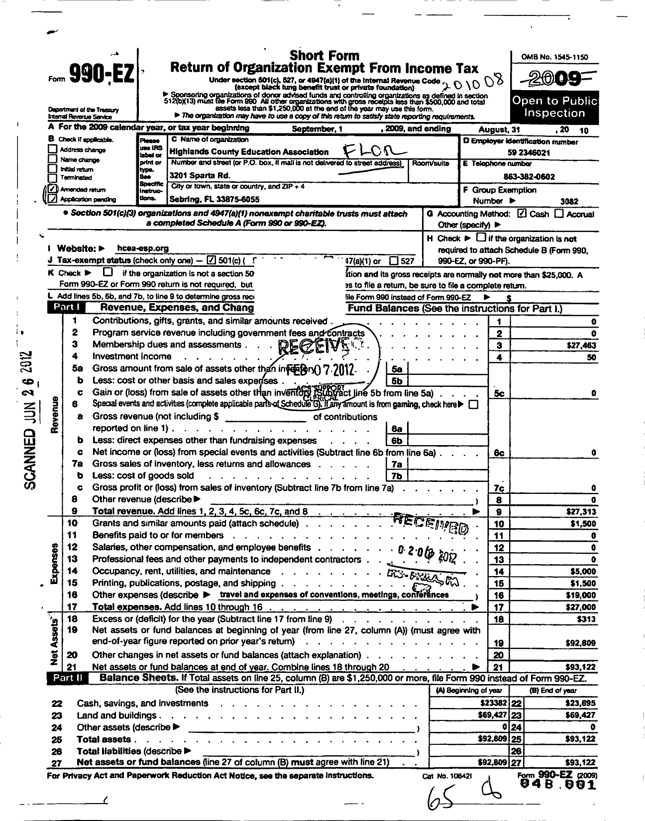 Image of first page of 2009 Form 990EO for Florida Education Association / Highlands County Education Assoc