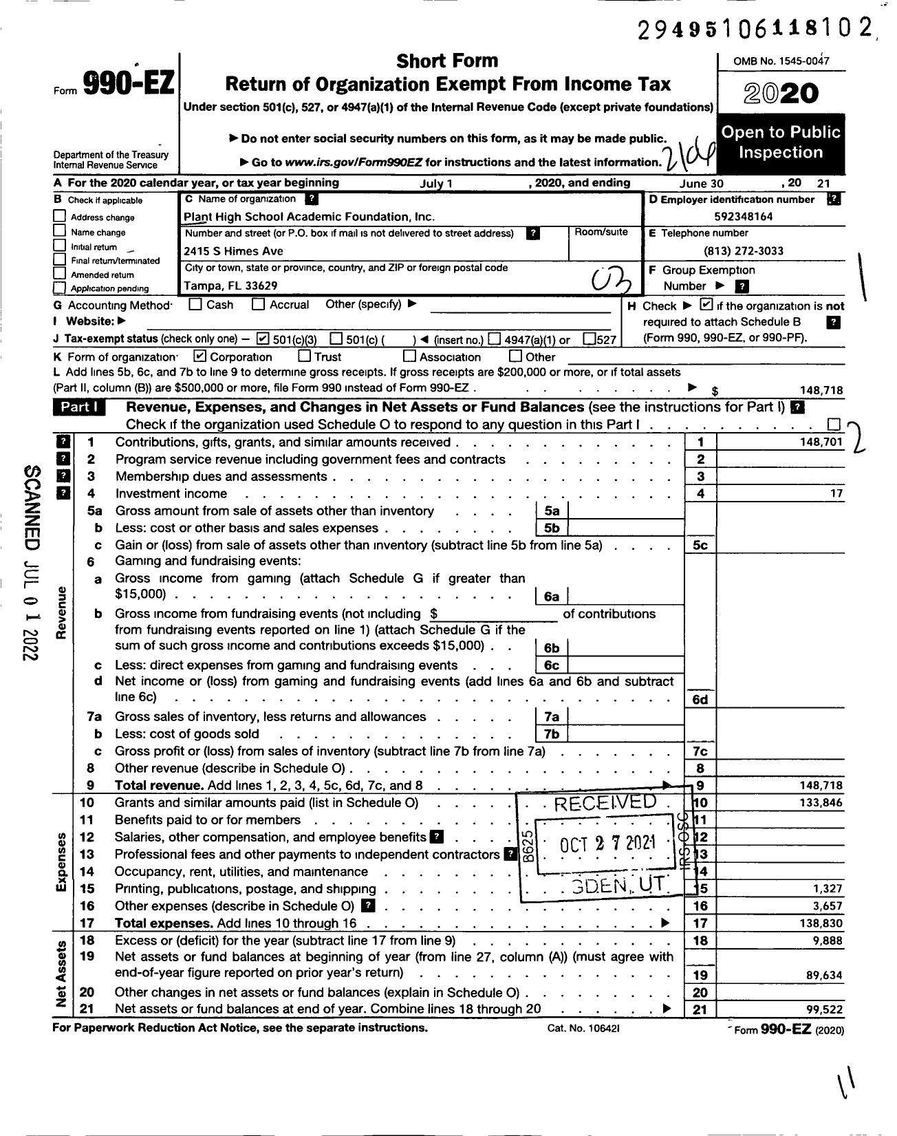 Image of first page of 2020 Form 990EZ for The Plant High School Academic Foundation