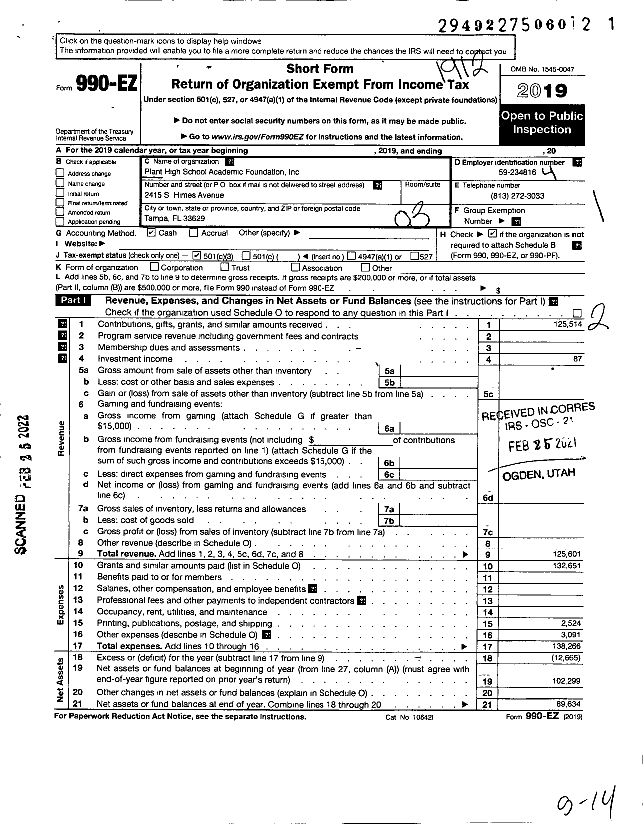 Image of first page of 2019 Form 990EZ for The Plant High School Academic Foundation