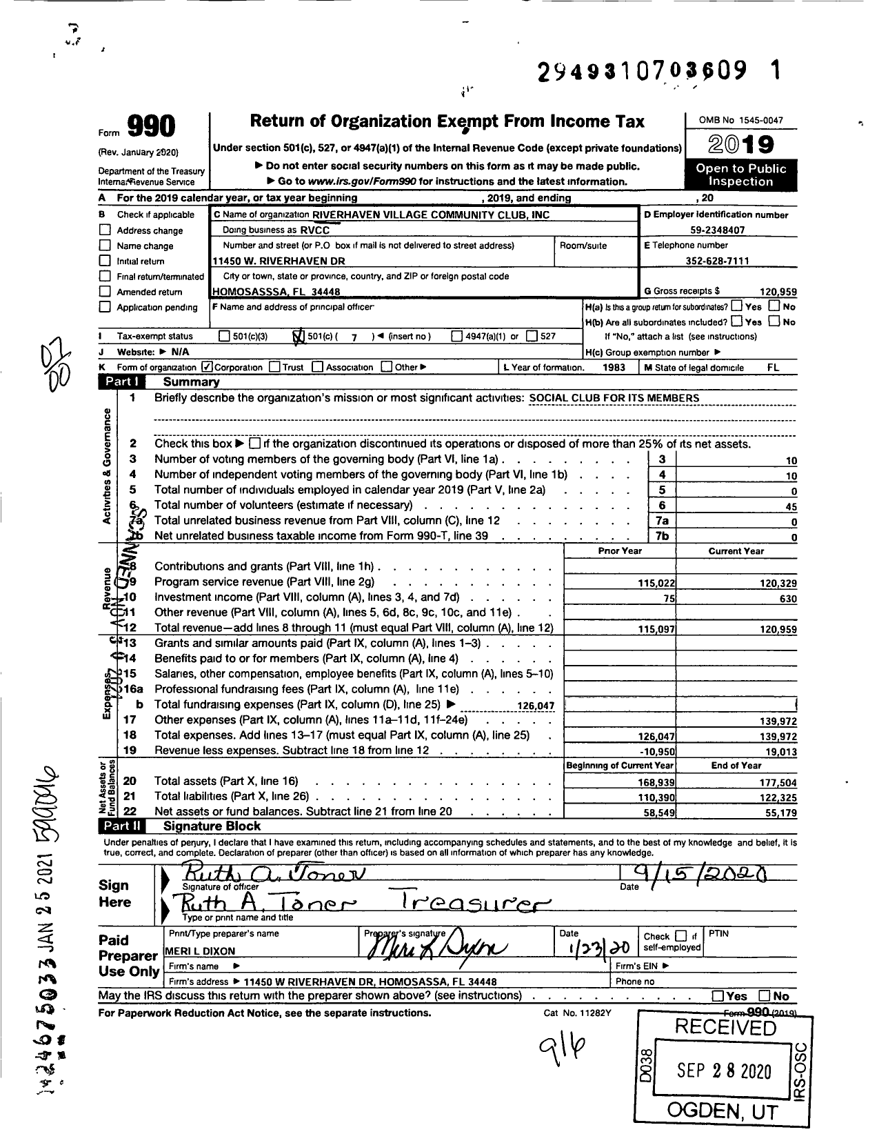 Image of first page of 2019 Form 990O for Riverhaven Village Community Club (RVCC)