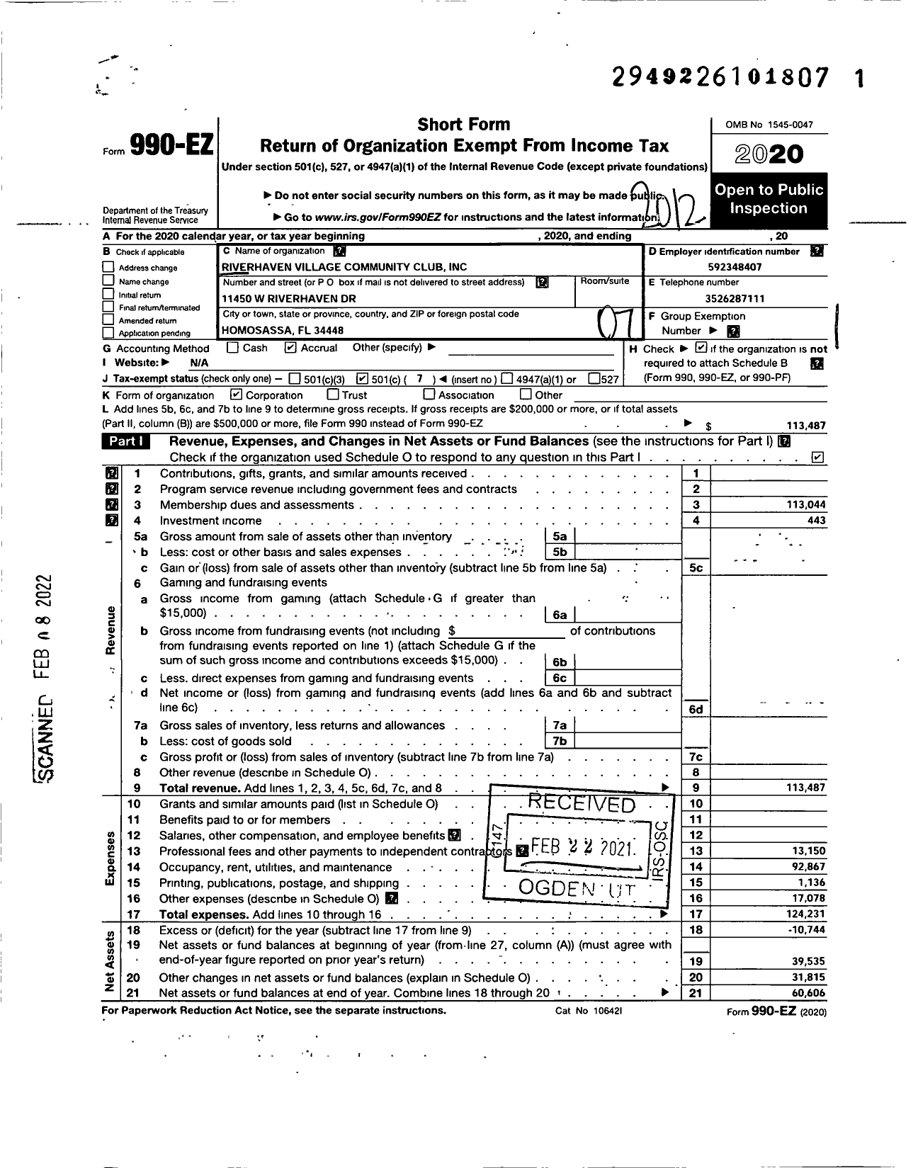 Image of first page of 2020 Form 990EO for Riverhaven Village Community Club (RVCC)