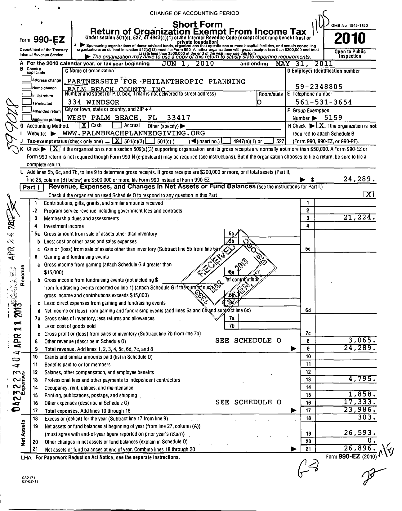 Image of first page of 2010 Form 990EZ for Planned Giving Council of Palm Beach County