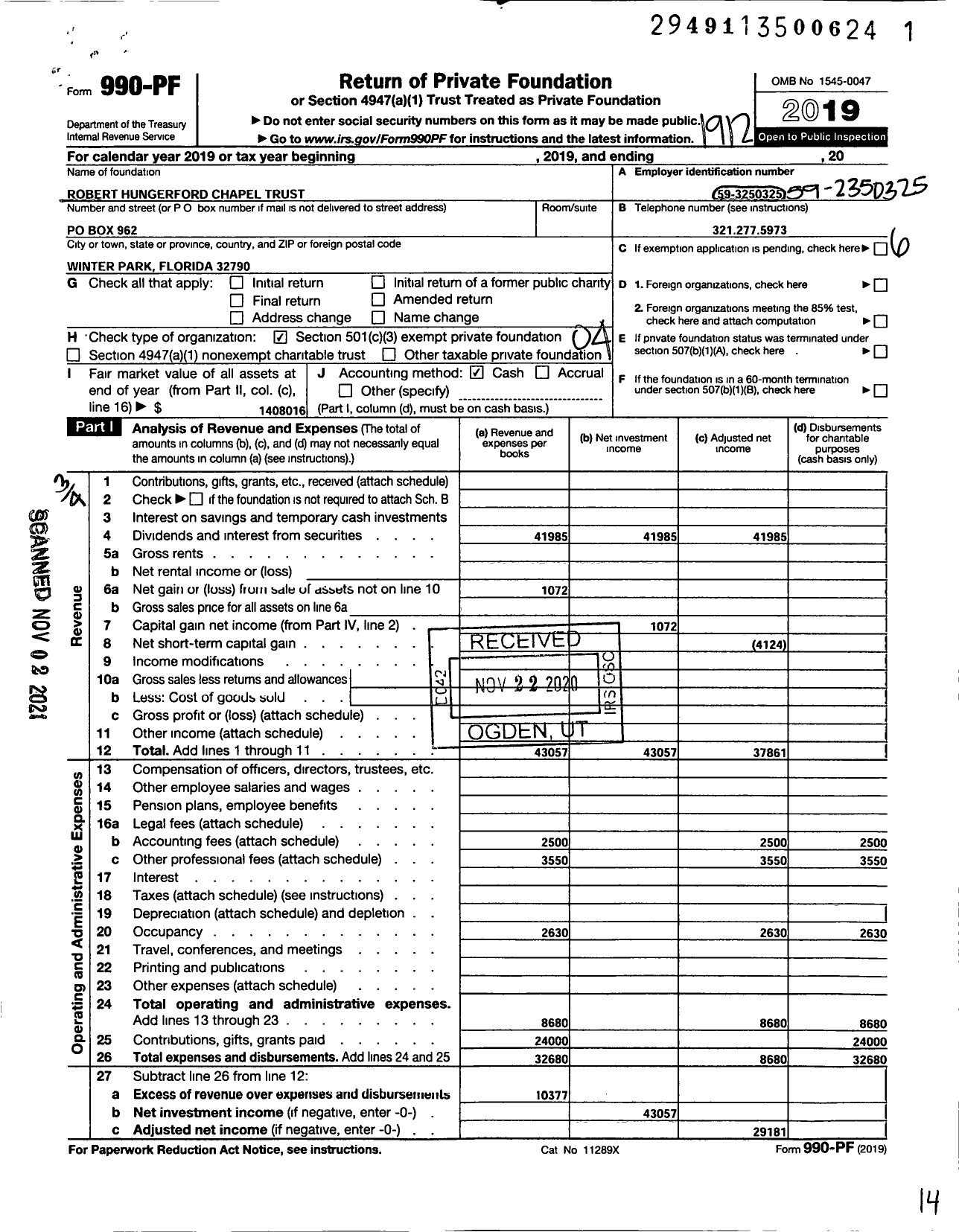 Image of first page of 2019 Form 990PF for Hungerford Chapel Trust