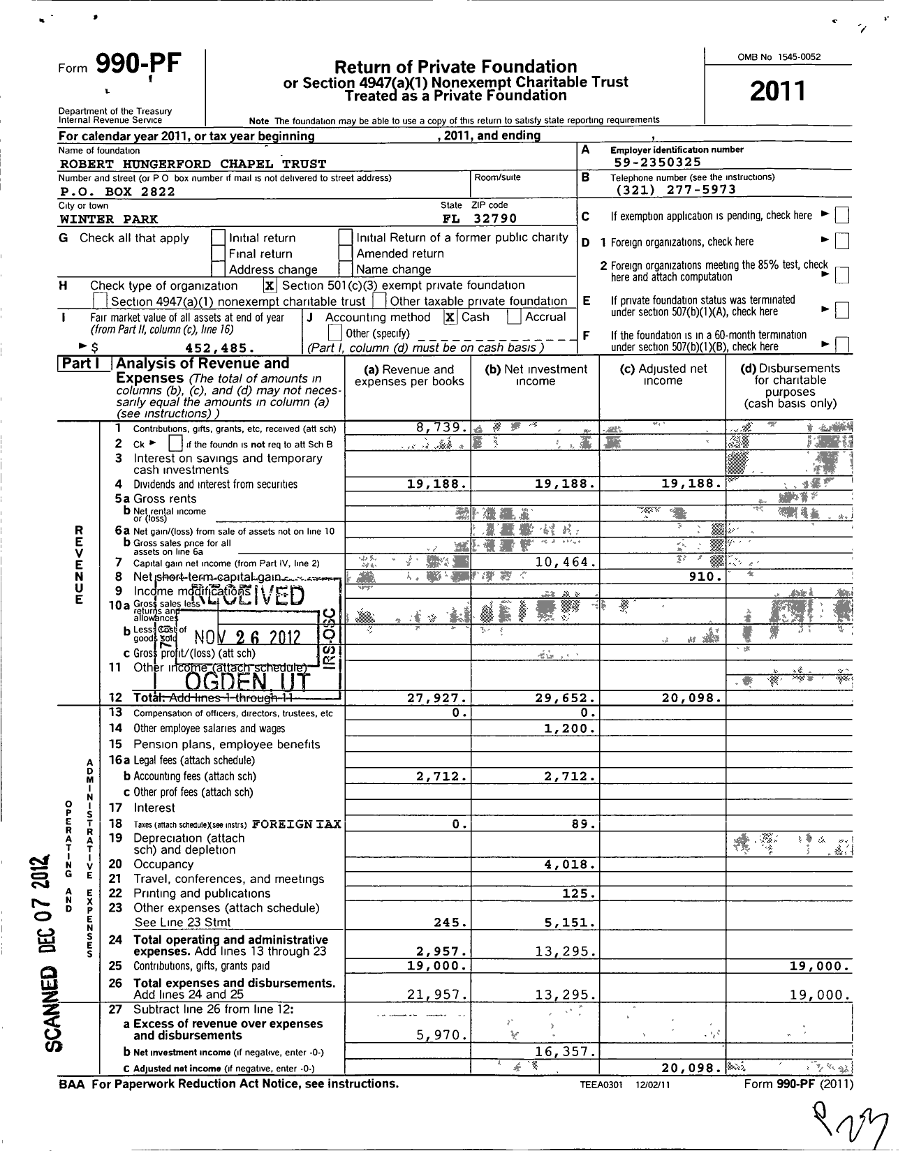 Image of first page of 2011 Form 990PF for Hungerford Chapel Trust