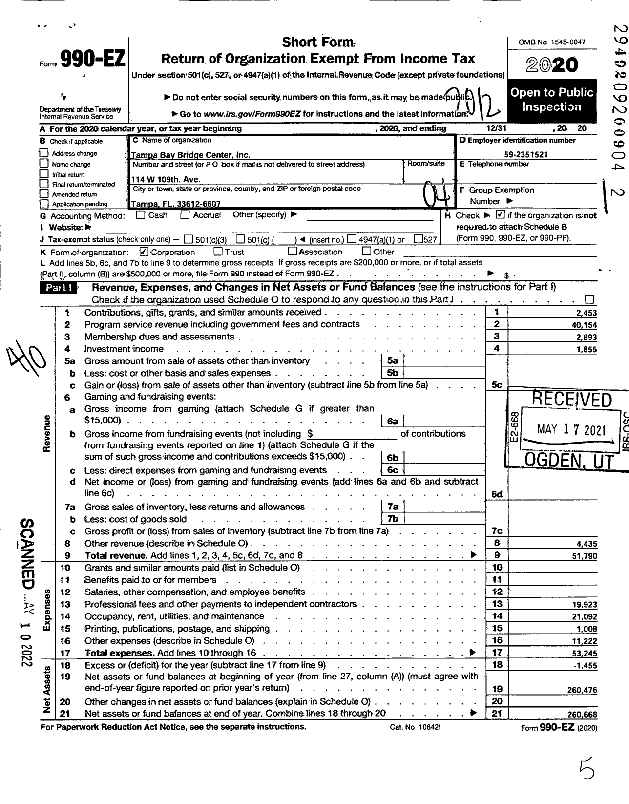 Image of first page of 2020 Form 990EO for Tampa Bay Bridge Center